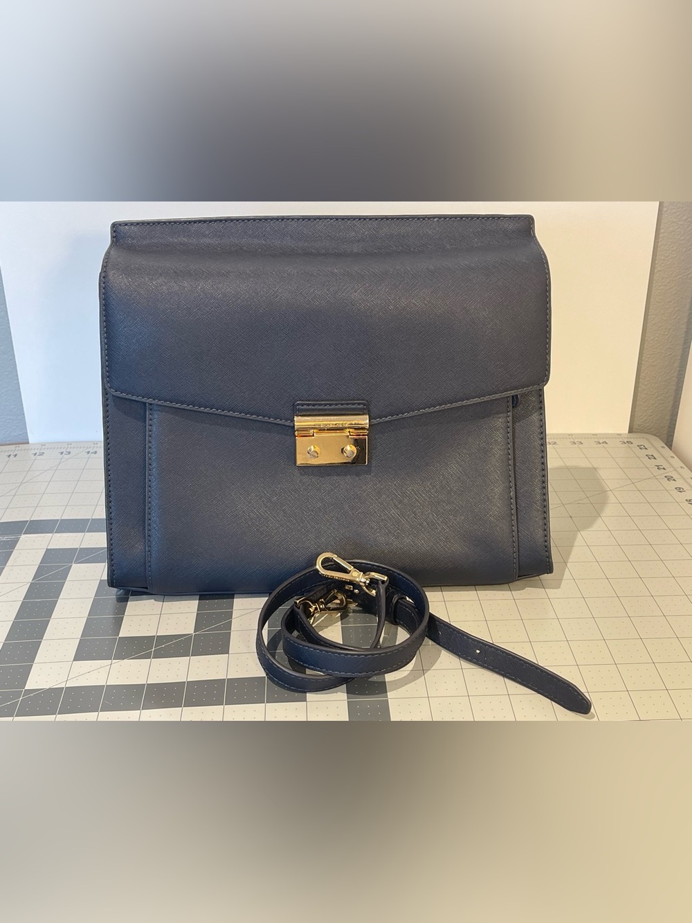 Michael Kors Navy Blue Saffiano Leather Work Bag Satchel Briefcase Gold Hardware